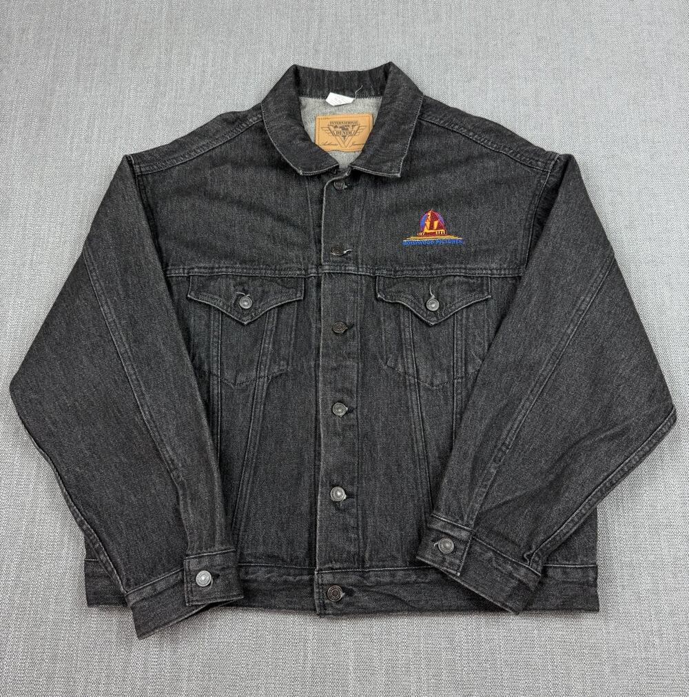 Vintage International Denim Black Jean Jacket Hollywood Pictures Embroidered XL